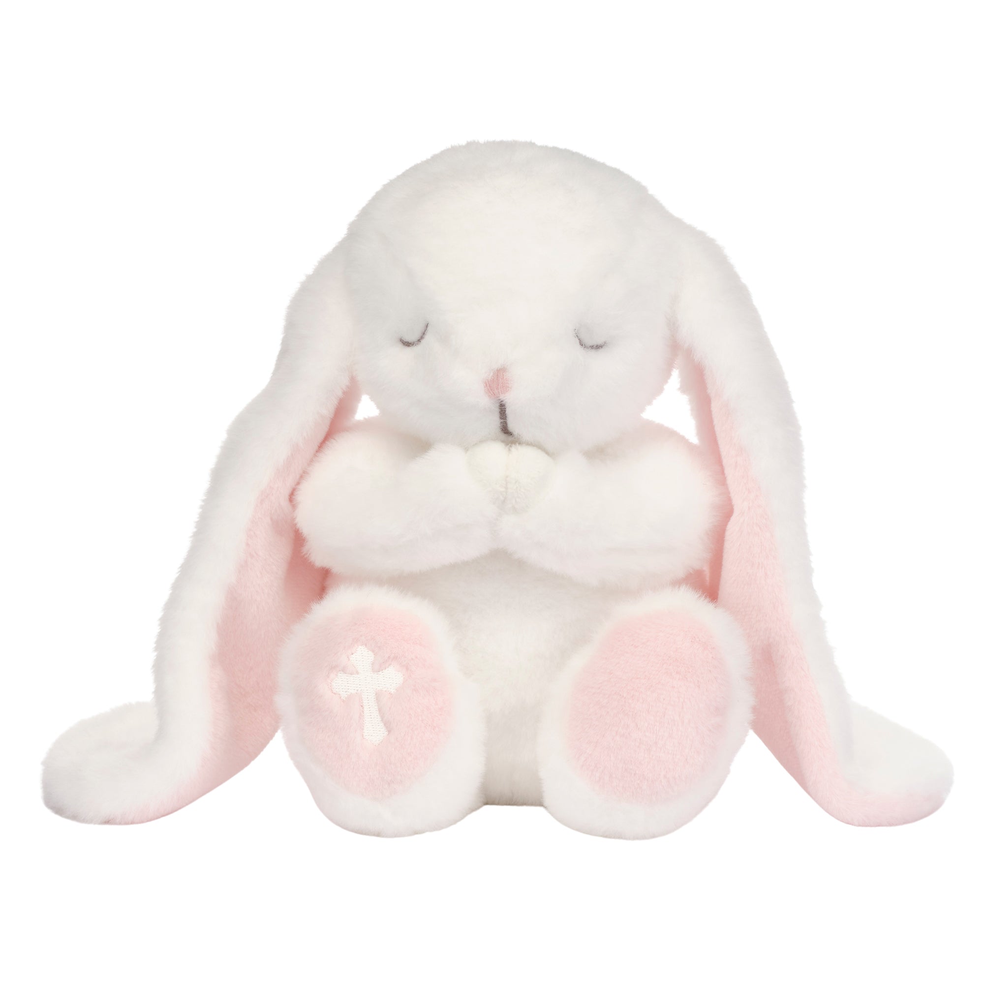 Peluche lapin blanc en pose de prière