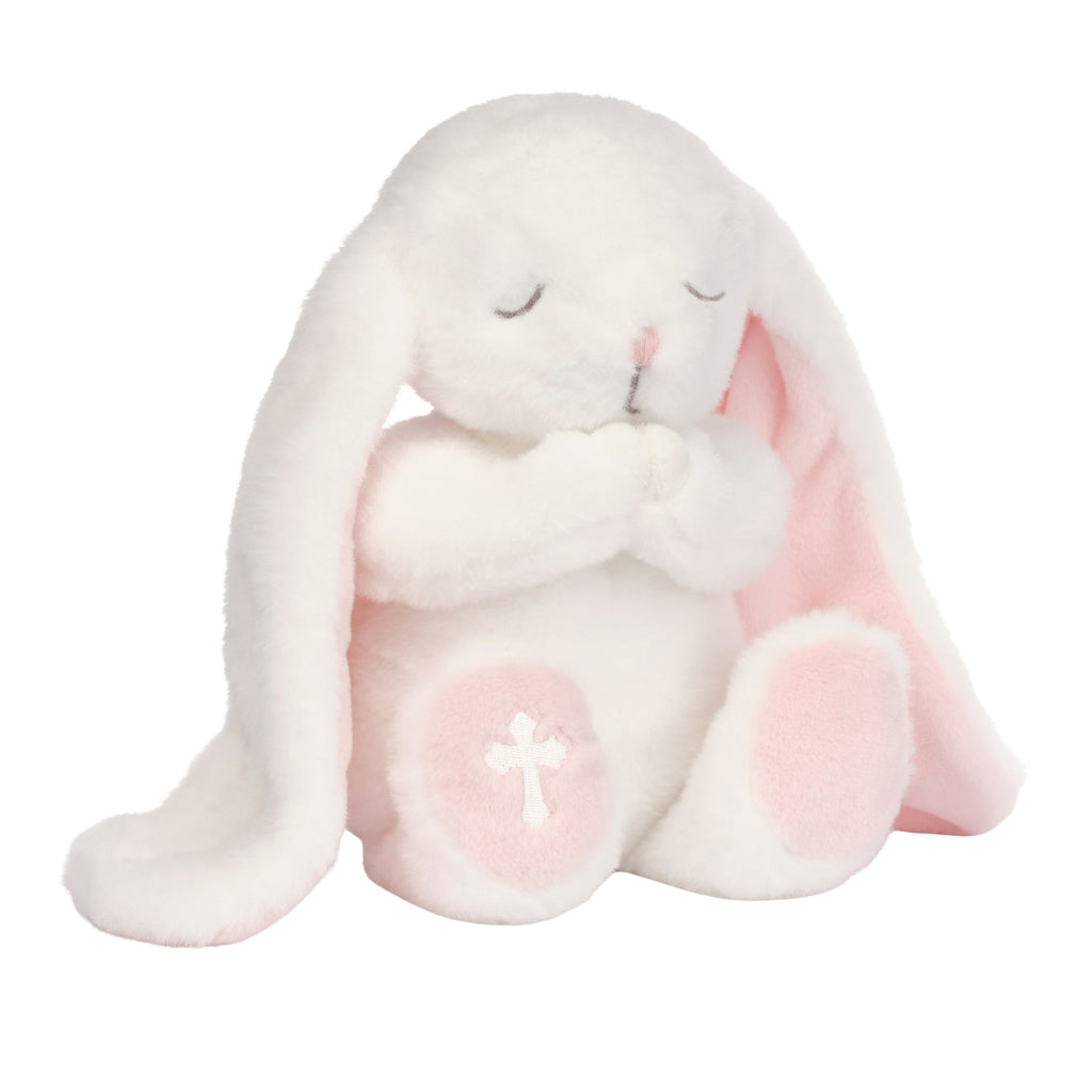 Peluche lapin blanc en pose de prière