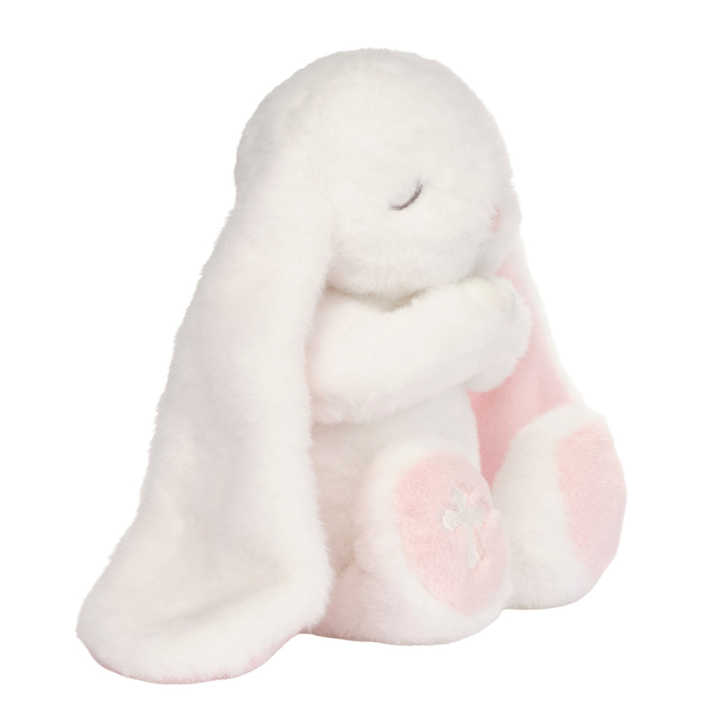 Peluche lapin blanc en pose de prière