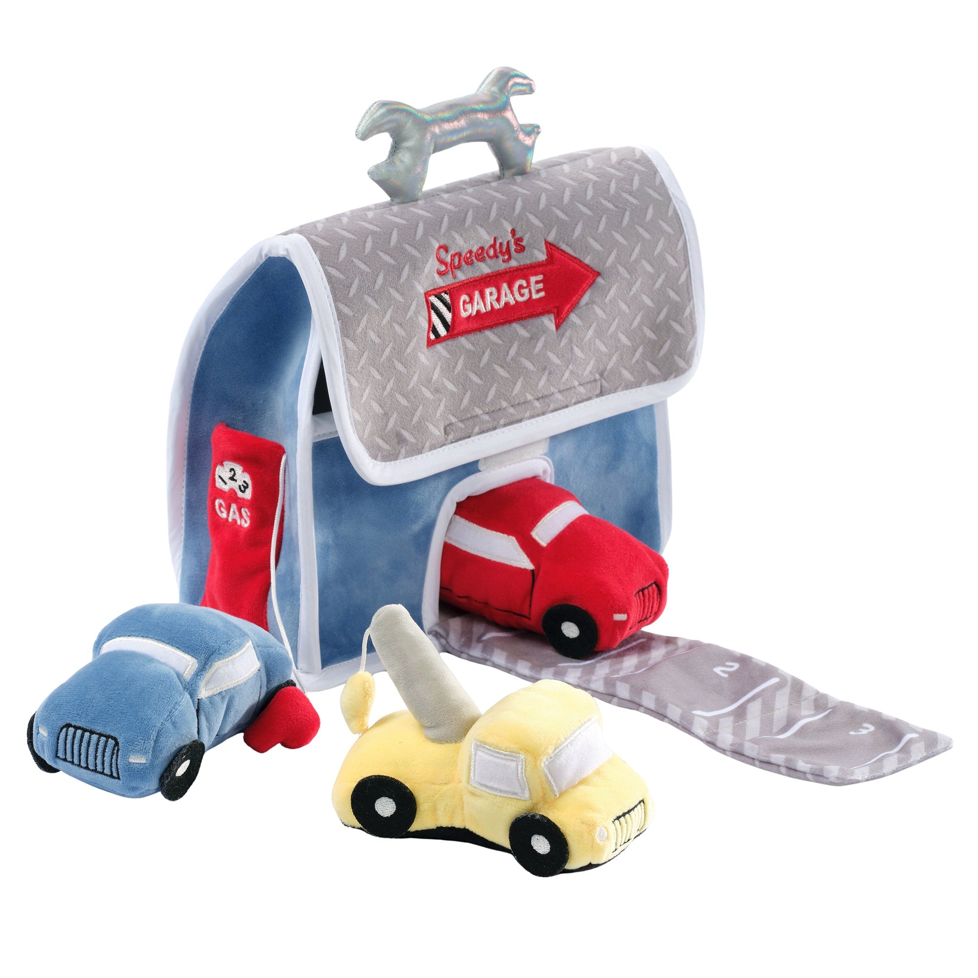 Garage de voitures interactif en peluche
