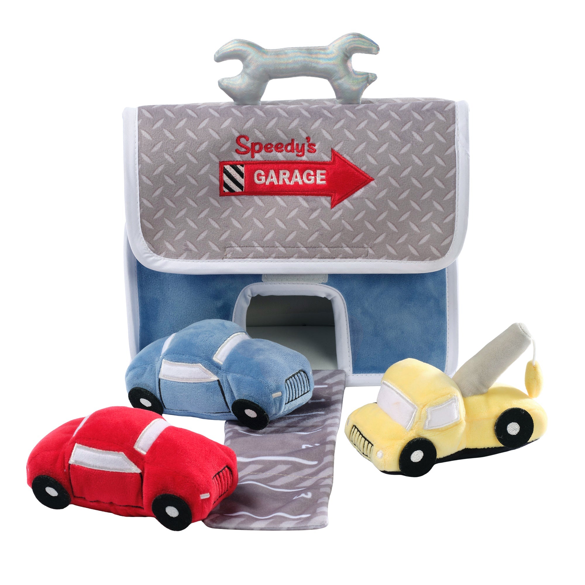 Garage de voitures interactif en peluche
