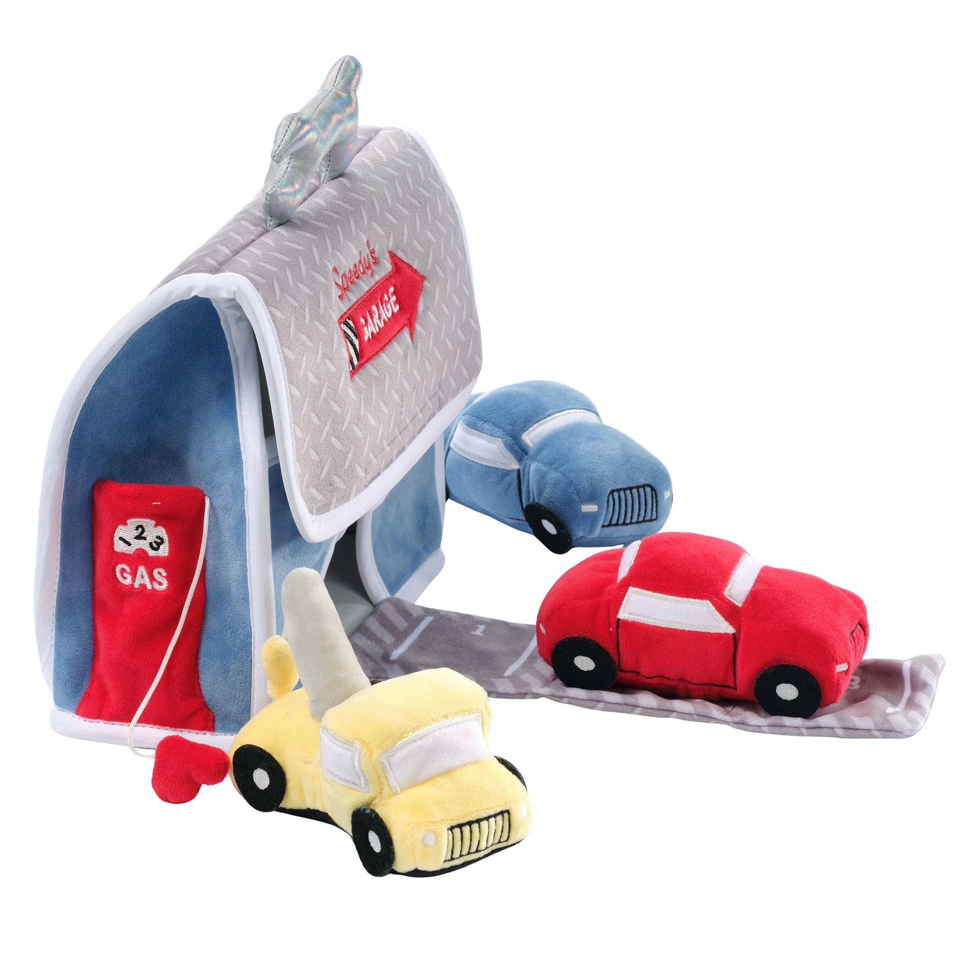 Garage de voitures interactif en peluche